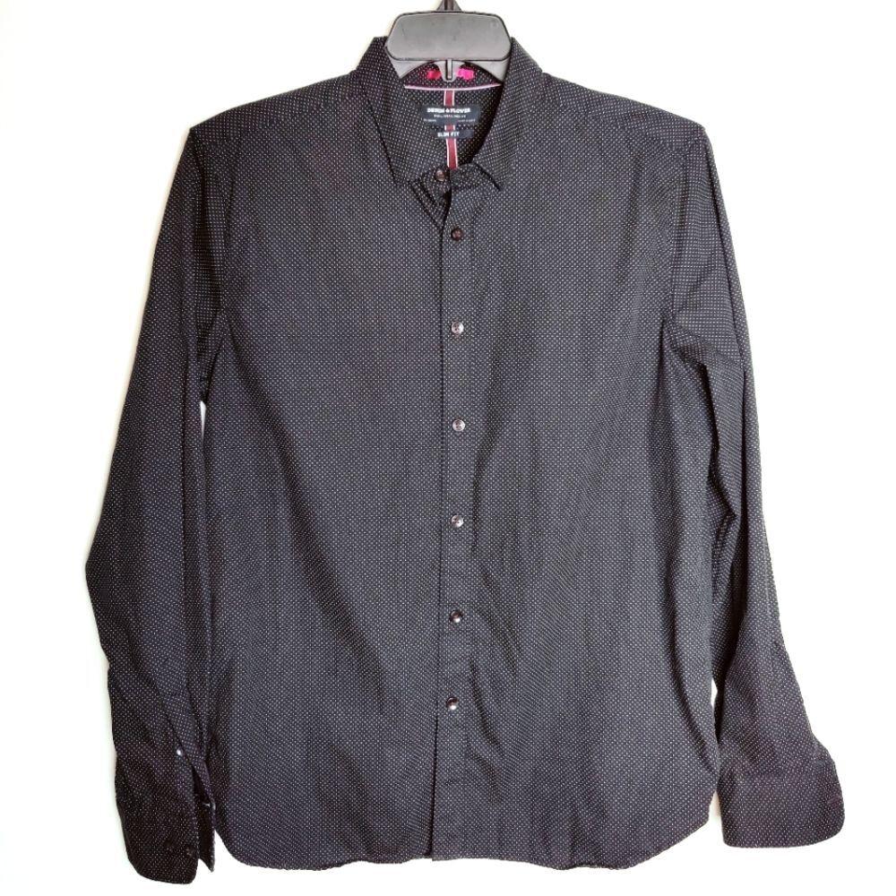 Denim & Flower Men's Slim Fit Button Down Shirt, Black/White Dots, Size L